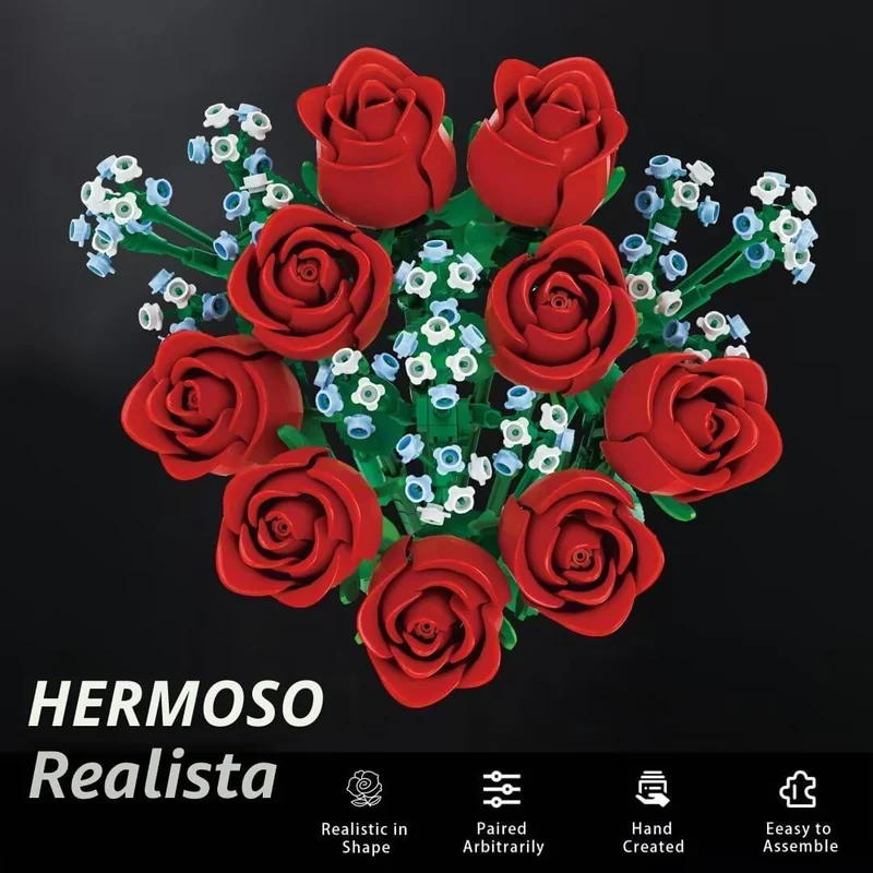 Ramo de rosas rojas en bloques de construcción (648 piezas) - Foto 2