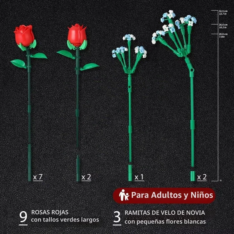 Ramo de rosas rojas en bloques de construcción (648 piezas) - Foto 3